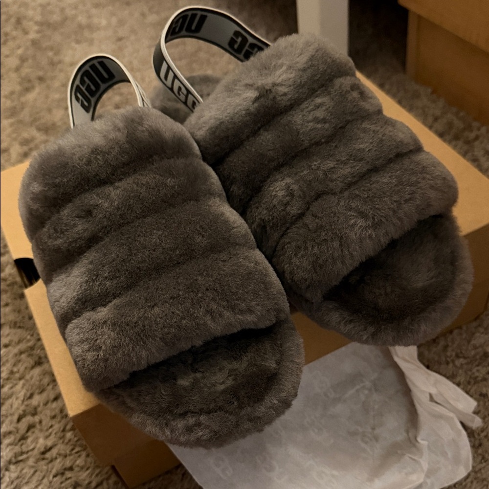 UGG Charcoal Fluffy Slide Sandals